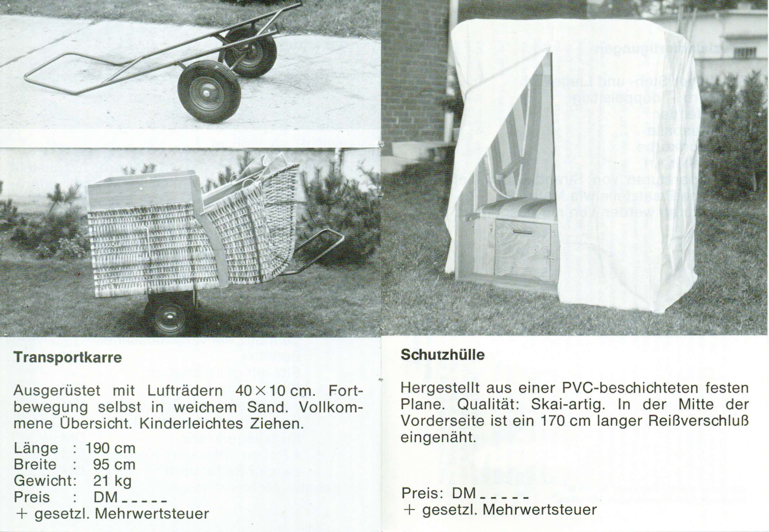 Abbildung einer Transportkarre und einer Schutzhülle für den Strandkorb