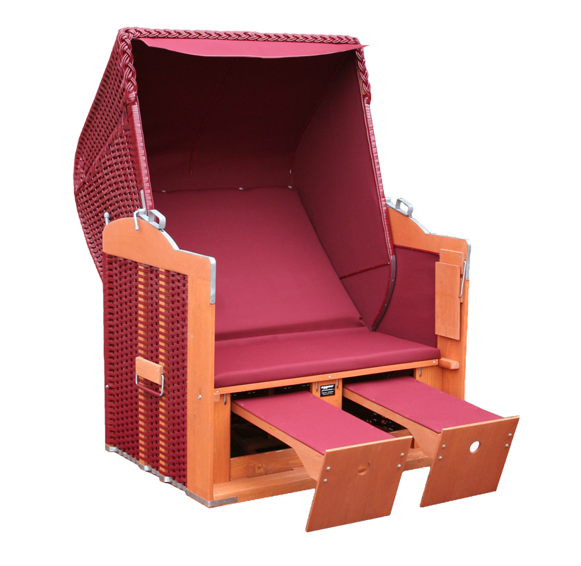 Der 2-Sitzer Strandkorb hat ein Geflecht aus PVC in der Farbe bordeaux mit einem kleinkarierten Stoffdesign in bordeaux-schwarz.