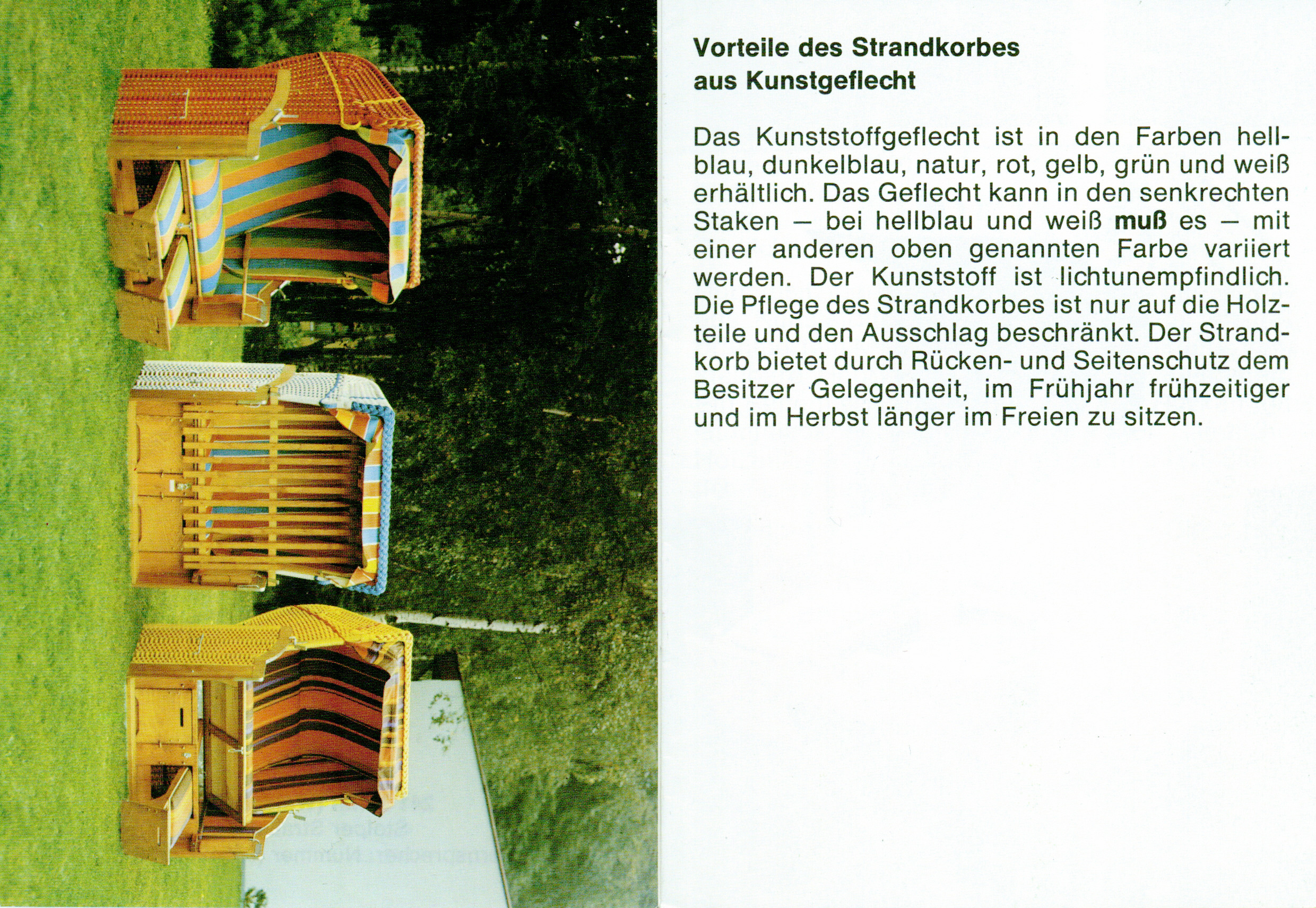 Vorteile des Strandkorbes aus Kunststoff werden benannt, außerdem sind drei Strandkörbe zu sehen.