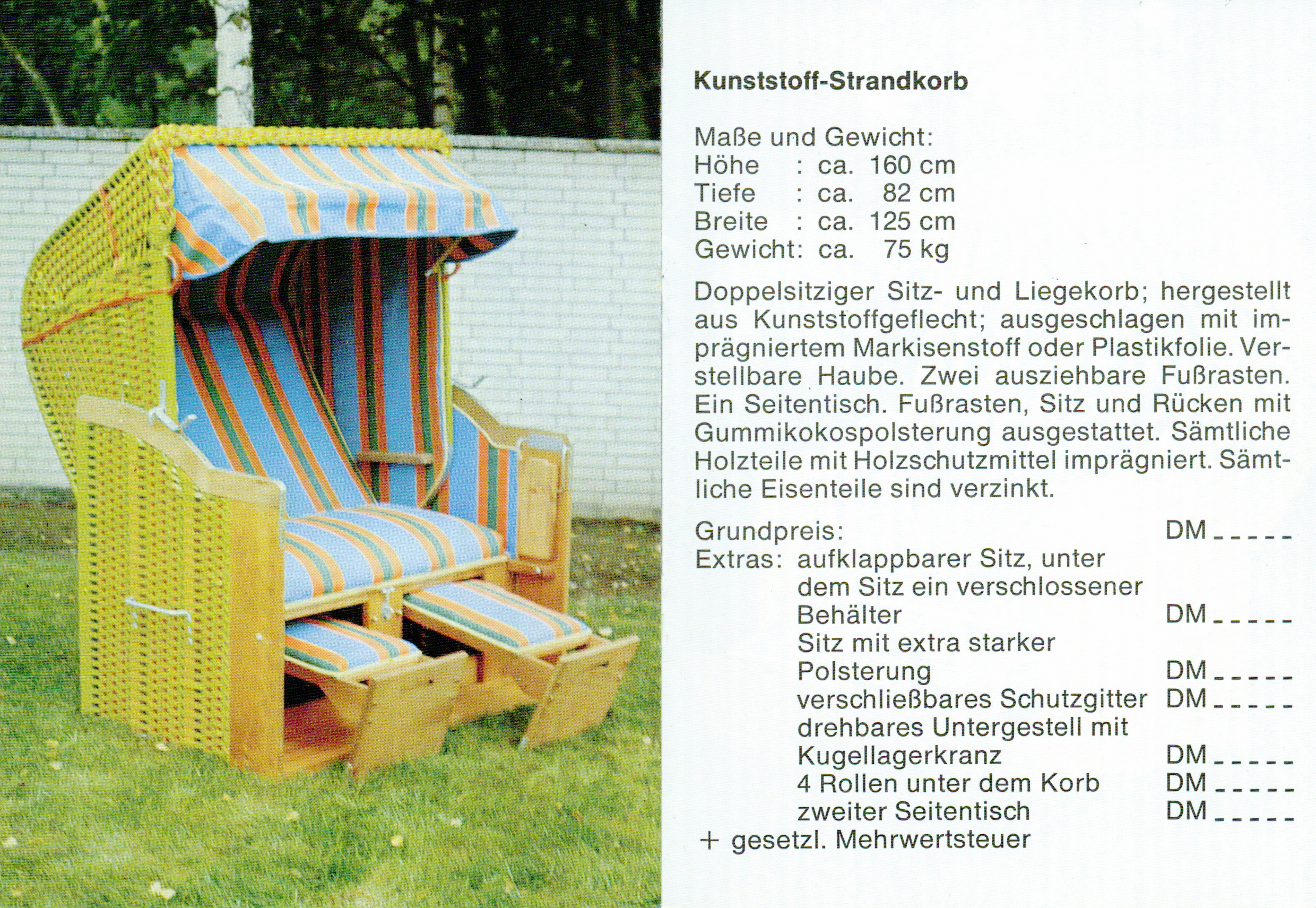 Abbildung eines Kunststoff-Strandkorbes – Geflecht aus PVC mit gestreiftem Stoffdesign
