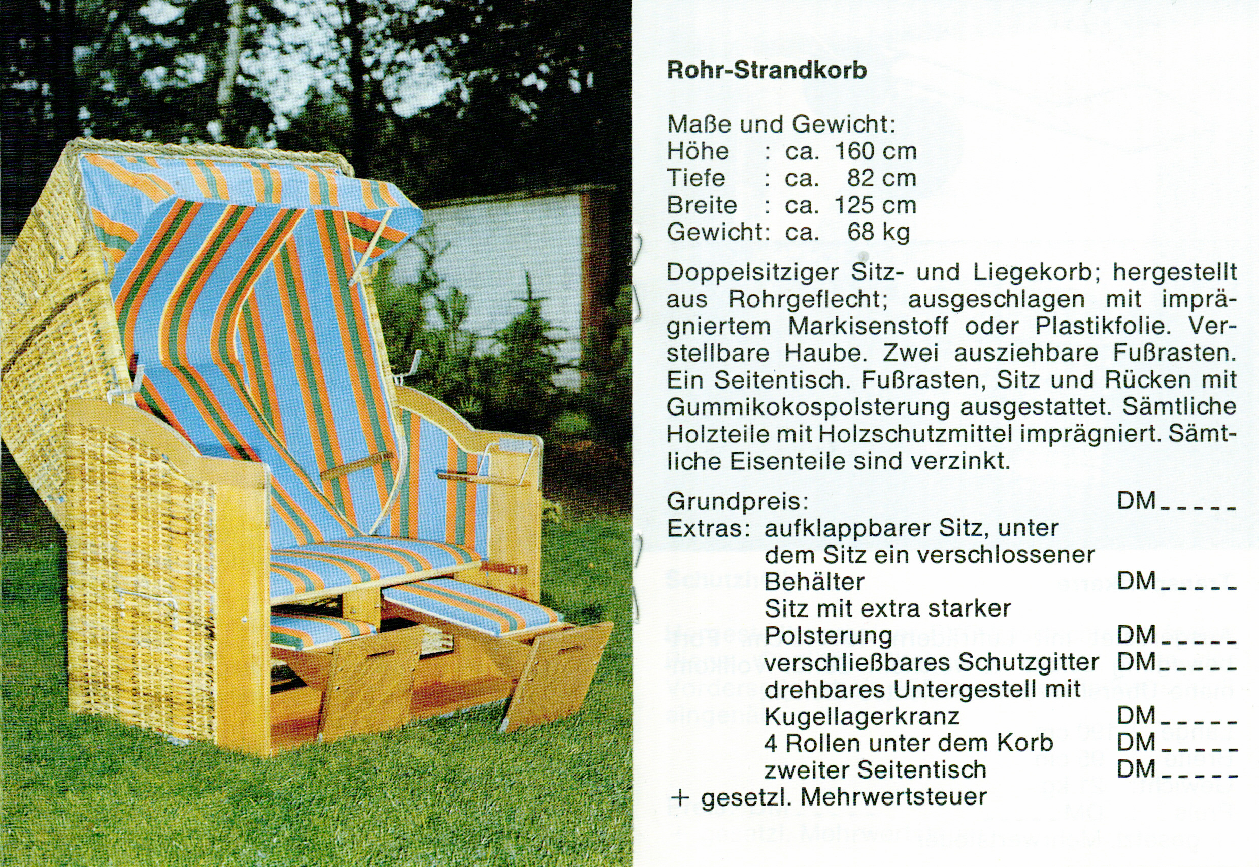 Abbildung eines Rohr-Strandkorbes – Geflecht aus Naturrohr mit gestreiftem Stoffdesign